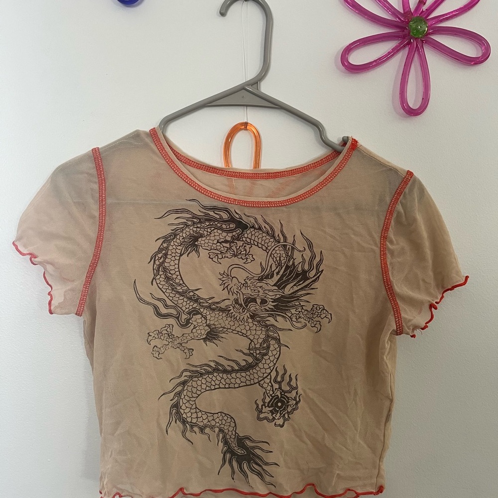 Tan Sheer Dragon Print Crop Top